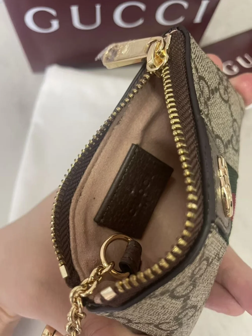 Gucci Brown Beige GG Supreme Web Key & Card Holder with Gold Hardware
